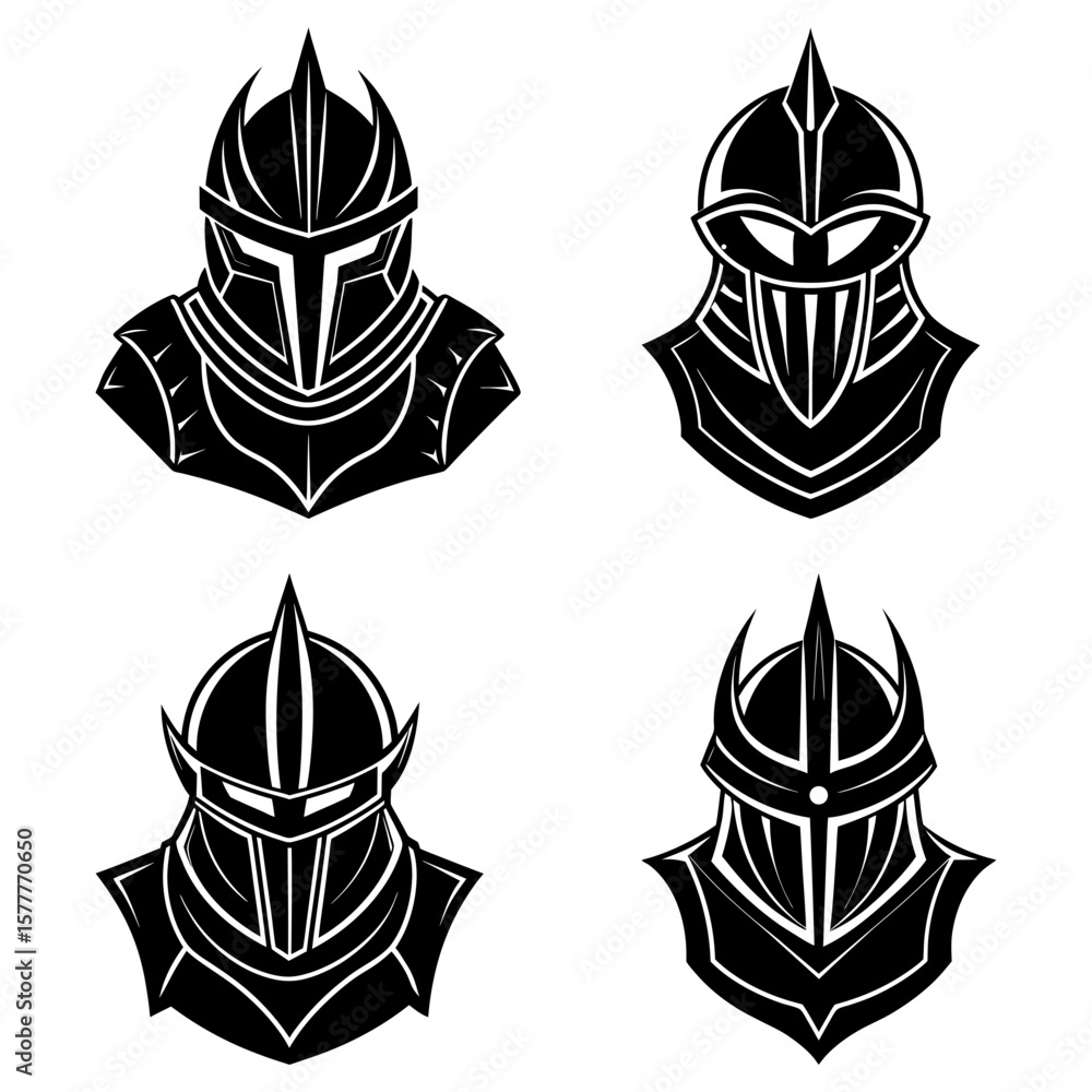 Poster four stylized black and white knight helmets with unique designs and pointed tops arranged in a squa