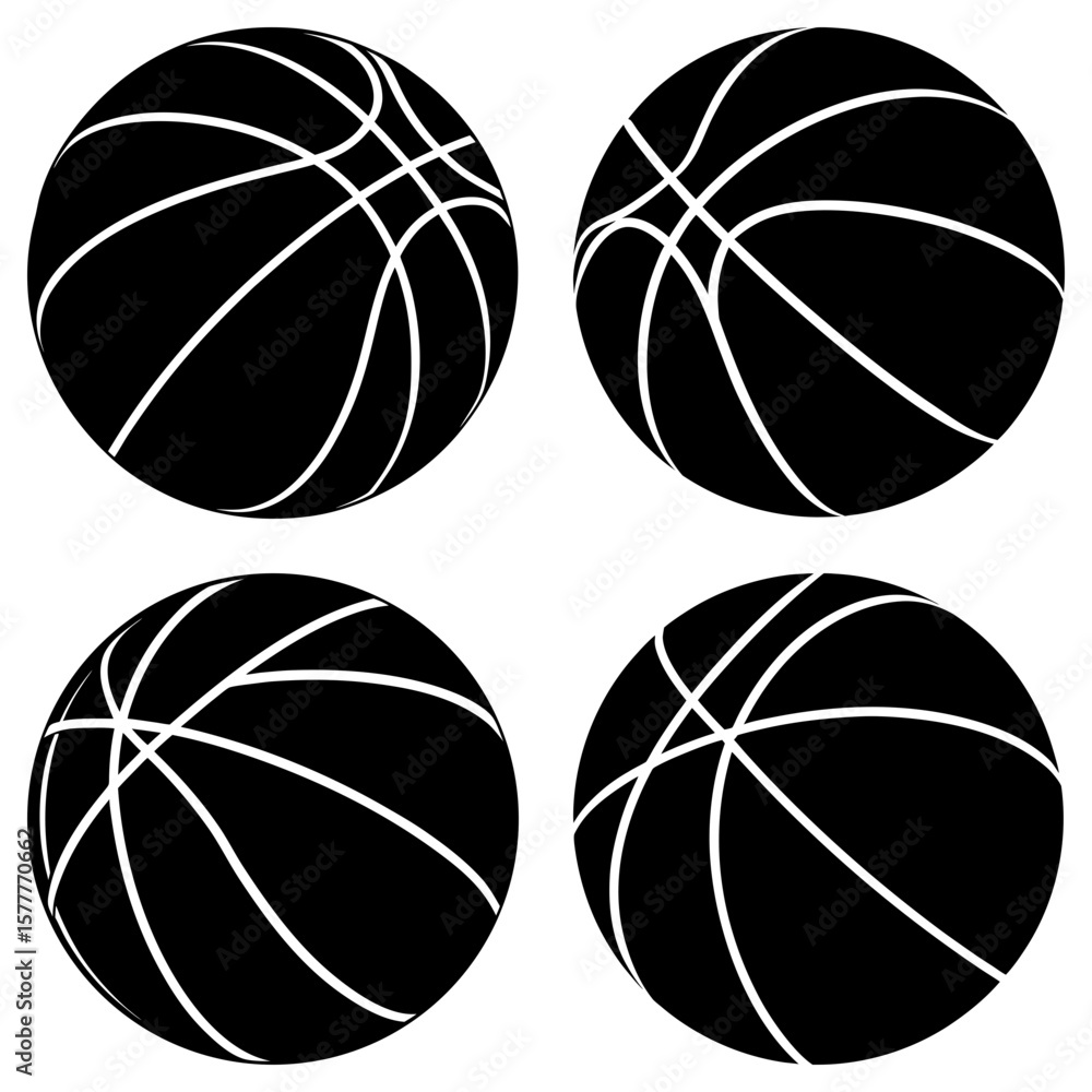 Poster four basketballs arranged in a square pattern with black spheres and white lines on a white backgrou