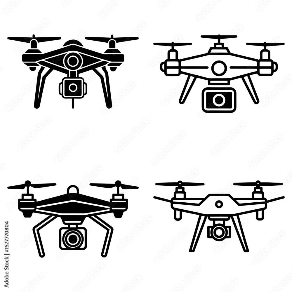Poster four drone illustrations showing different designs and styles in a black and white vector format ima