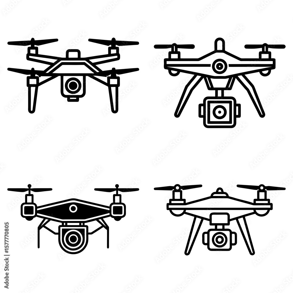 Poster four drone illustrations with different designs and camera attachments in a vector format style