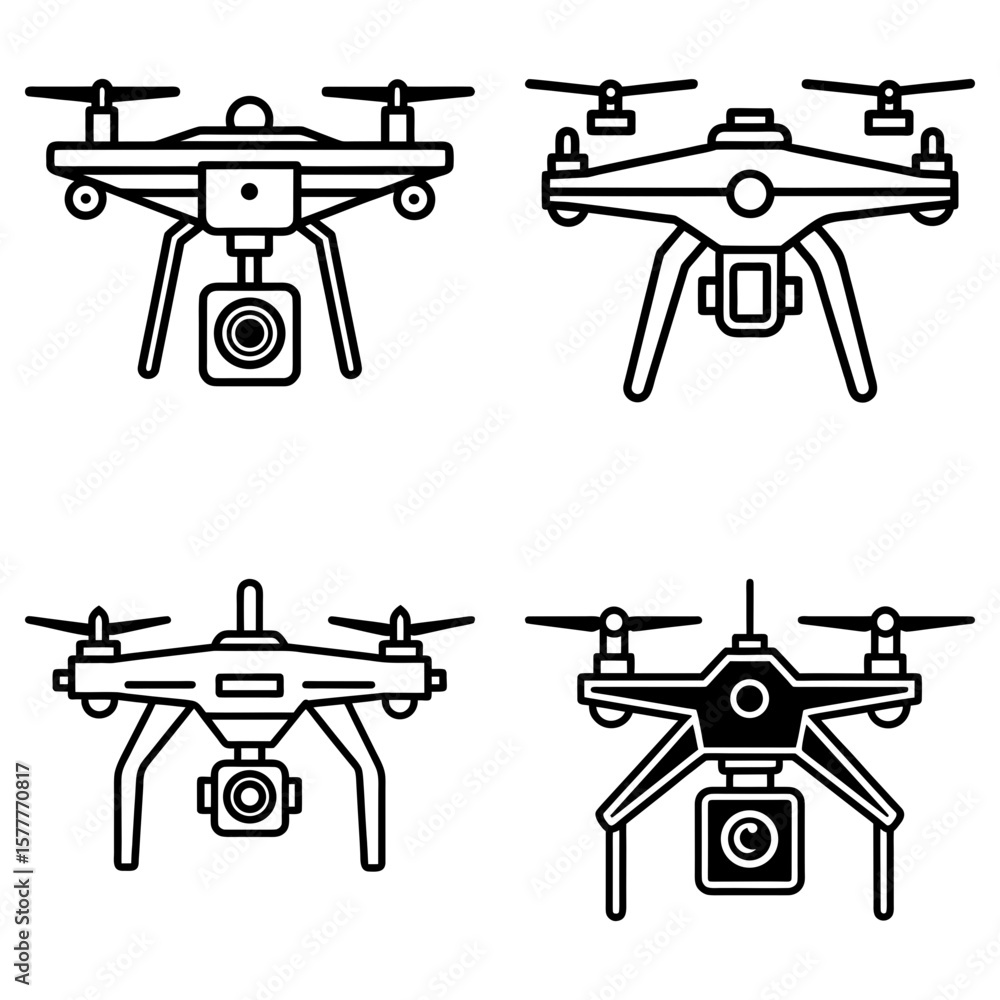 Poster four drones in line art style showcasing different designs and camera mounting configurations used t