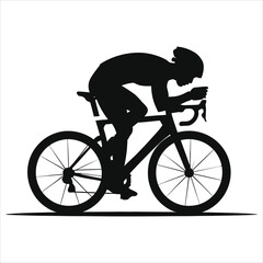 Fototapeta premium Vector Silhouette of a cyclist in a focused racing position./A bold, black silhouette of a cyclist in a dynamic racing posture on a road bike.