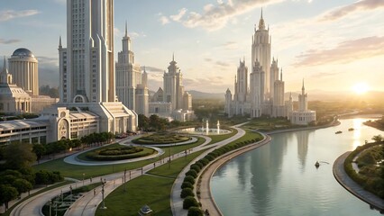 Obraz premium Grand Futuristic Cityscape with Art Deco Skyscrapers by a Serene River at Sunset 