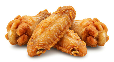 Close up of a pile of golden brown crispy fried chicken wings on a white background surface