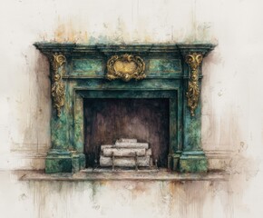 Ornate green marble fireplace with gold accents, depicted in a watercolor style against a muted background, showing stacked logs within