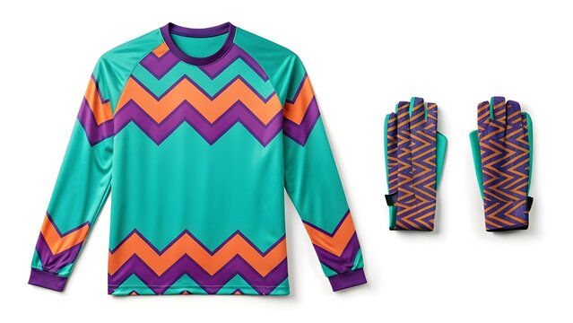 Mockup A vibrant teal goalkeeper jersey and matching gloves, featuring a bold zigzag pattern in orange and purple. - Powered by Adobe