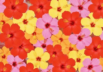 Vibrant Hibiscus Flower Background - A stunning close-up shot of a multitude of colorful hibiscus flowers, showcasing a vibrant array of red, pink, and yellow blooms