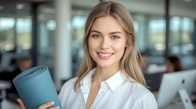 Business woman posing with exercise mat, smiling blonde woman wearing a white collared shirt is holding a rolled-up yoga mat and looking directly at the camera. She is in an office setting