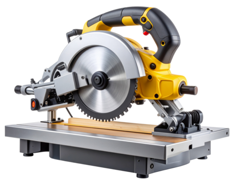 Dual-Bevel Sliding Miter Saw on Workbench with Sawdust and Tools, Light Background