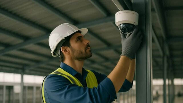 Security technician installing surveillance camera at construction site for enhanced safety and monitoring
