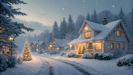 Fototapeta premium Winter snowy mountain landscape with house surrounded by forest and trees under blue sky