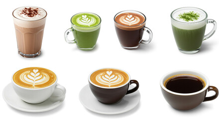 Obraz premium Assortment of coffee and matcha beverages in clear and ceramic mugs on a white background