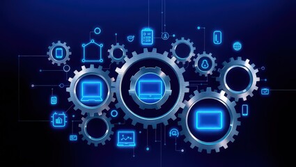 Fototapeta premium Gear mechanism with computer screens and icons on a dark blue background depicting technology network