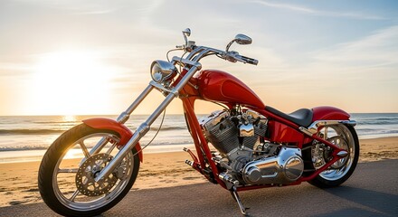 Obraz premium Red Chopper Motorcycle on Beach at Sunset Stock Photo