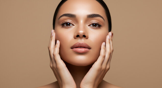 Close up of a woman with her hands on her face against a neutral background in a beauty shot