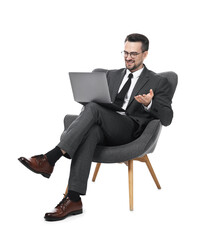 Professional psychologist having online consultation with his client via laptop on white background
