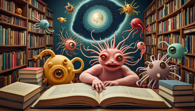 Curious Creatures Exploring Knowledge in a Cosmic Library