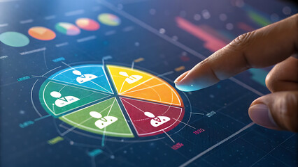 A finger touching a screen displaying data analysis and business intelligence visualizations, including pie charts and graphs, for market research and strategic planning
