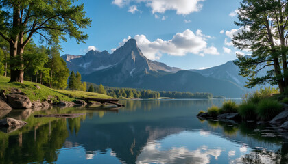 Serene lake reflecting mountains and trees under blue sky  