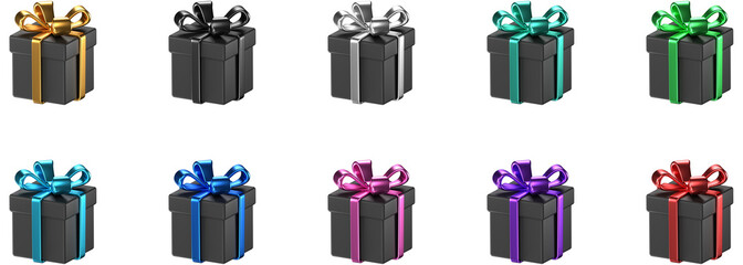 Collection of 3D illustrated gift boxes in different color combinations