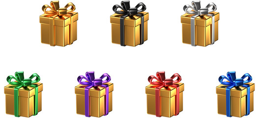 Collection of 3D illustrated gift boxes in different color combinations