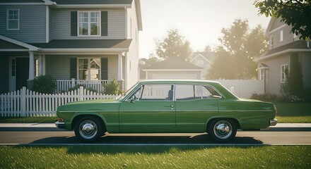 Classic Green Car on Suburban Street, Golden Hour Light