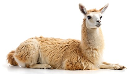 Obraz premium A light brown llama lying down isolated on white background