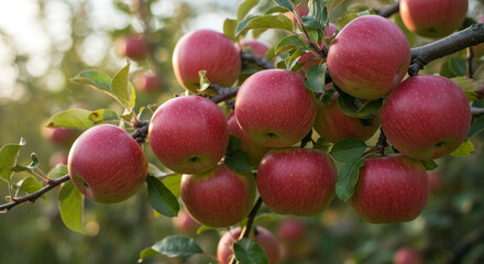 A close up shot of a branch full of ripe red apples hanging from the tree in an orchard setting