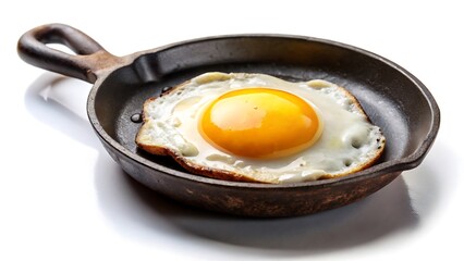 A perfectly fried egg with a runny yolk in a dark cast iron skillet, lit by warm sunlight isolated on white background