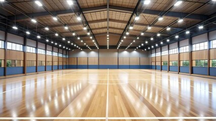 Spacious Indoor Sports Arena Featuring Sleek Wooden Flooring and Bright Ambient Lighting for Various Activities - Powered by Adobe