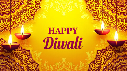 A greeting card for wishing diwali with elaborate decorations and floating oil lamps (diya) with centrally aligned text saying happy diwali