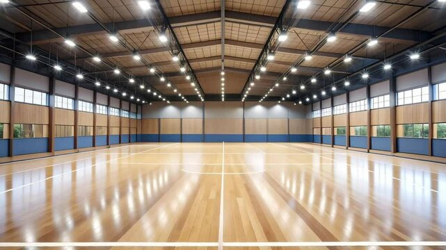 Spacious Indoor Sports Arena Featuring Sleek Wooden Flooring and Bright Ambient Lighting for Various Activities