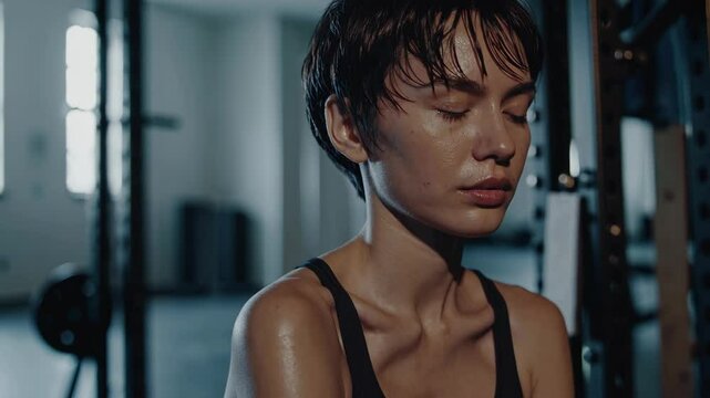 close up of sweat female athlete is relaxing and breathing on a break from doing workout to maintain healthy lifestyle and bodybuilding fitness goals in a gym