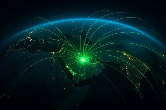 Riyadh radiates neon lines linking three continents at night