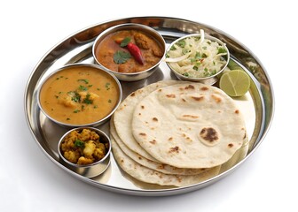 A round metal plate with an Indian thali on it, featuring the iconic thin and flat naan bread in its center isolated on white background