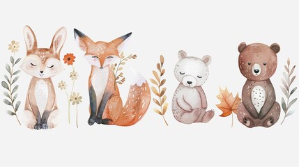 Fototapeta premium Four season-themed animals in soft watercolor (spring bunny, summer fox, autumn bear, winter owl) with minimalist details, perfect for nature education.