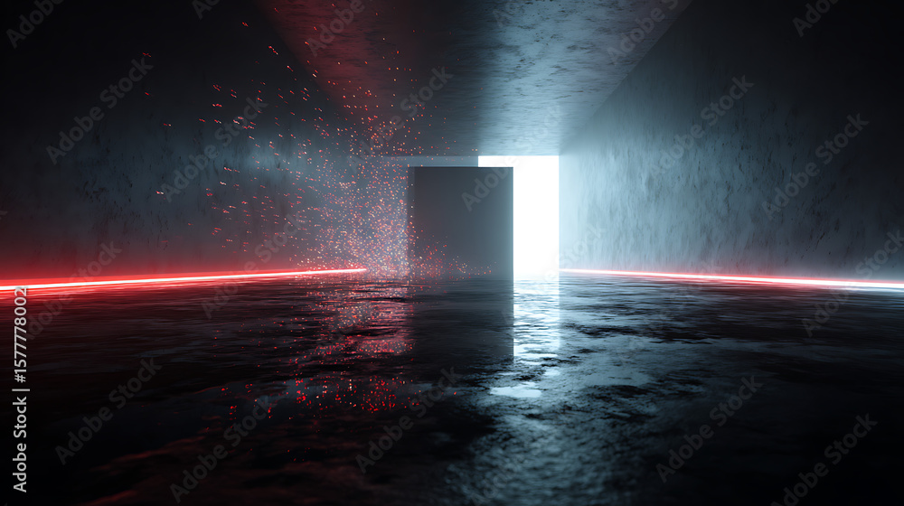 Fototapete a futuristic tunnel glows with neon light, reflecting on the wet floor in the darkness