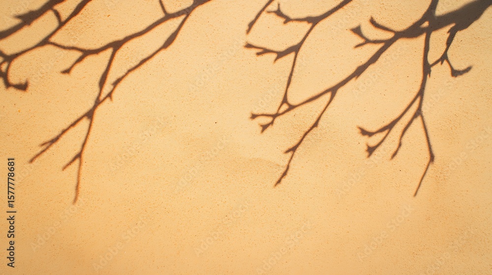 Aufkleber bare tree branches cast shadows on a textured tan wall, creating a natural silhouette pattern.