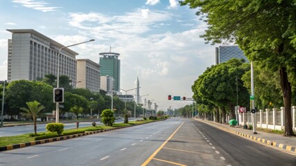 Obraz premium Serene cityscape view along a wide avenue with green trees in Islamabad offering a peaceful urban scene