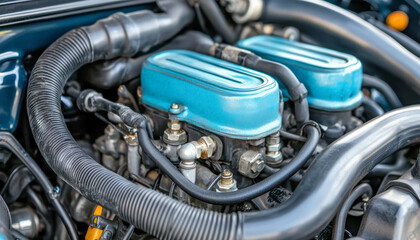 Fototapeta premium automotive repair with engine diagnostics and mechanical expertise. Mechanic inspecting an overheating engine, diagnosing radiator, thermostat, and coolant system issues