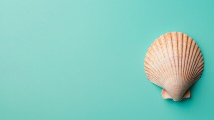 A single scallop shell rests on a smooth turquoise background, highlighting its natural ridged texture and warm beige tones.