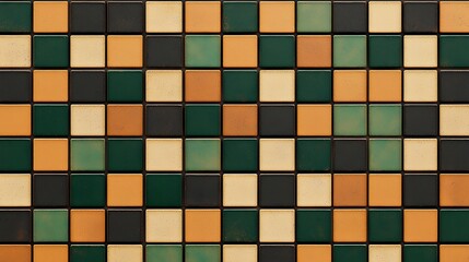 A colorful mosaic pattern made of small square tiles in green, beige, orange, and black shades, arranged in a grid with varying brightness and texture.