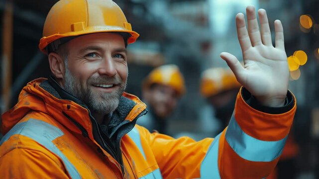 Smiling middle-aged male construction worker in safety gear waving at camera on outdoor site during cold season &mdash; video for industrial branding, teamwork visuals, winter safety promos