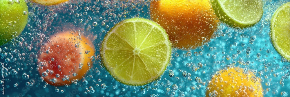 Aufkleber citrus mix floats in fizzy soda bubbles creating a refreshing pop design in a vibrant blue backgroun