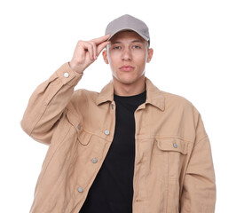 Young man wearing stylish grey baseball hat on white background