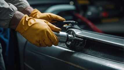 Close-up of car wheel with hydraulic tools in mechanical workshop