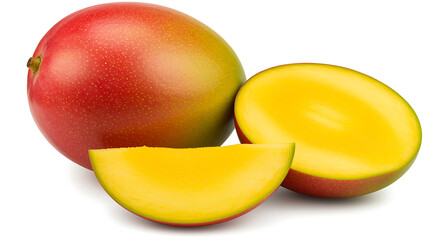 Ripe mango fruit with a half and a slice isolated on a white background