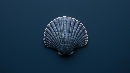 A single blue scallop seashell with white highlights rests against a dark blue background.