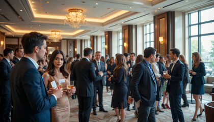 A group of elegantly dressed professionals happily mingle and network at a formal business event or reception, holding drinks