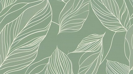 Seamless Abstract Line Art Pattern of Botanical Leaves in Dusty Green